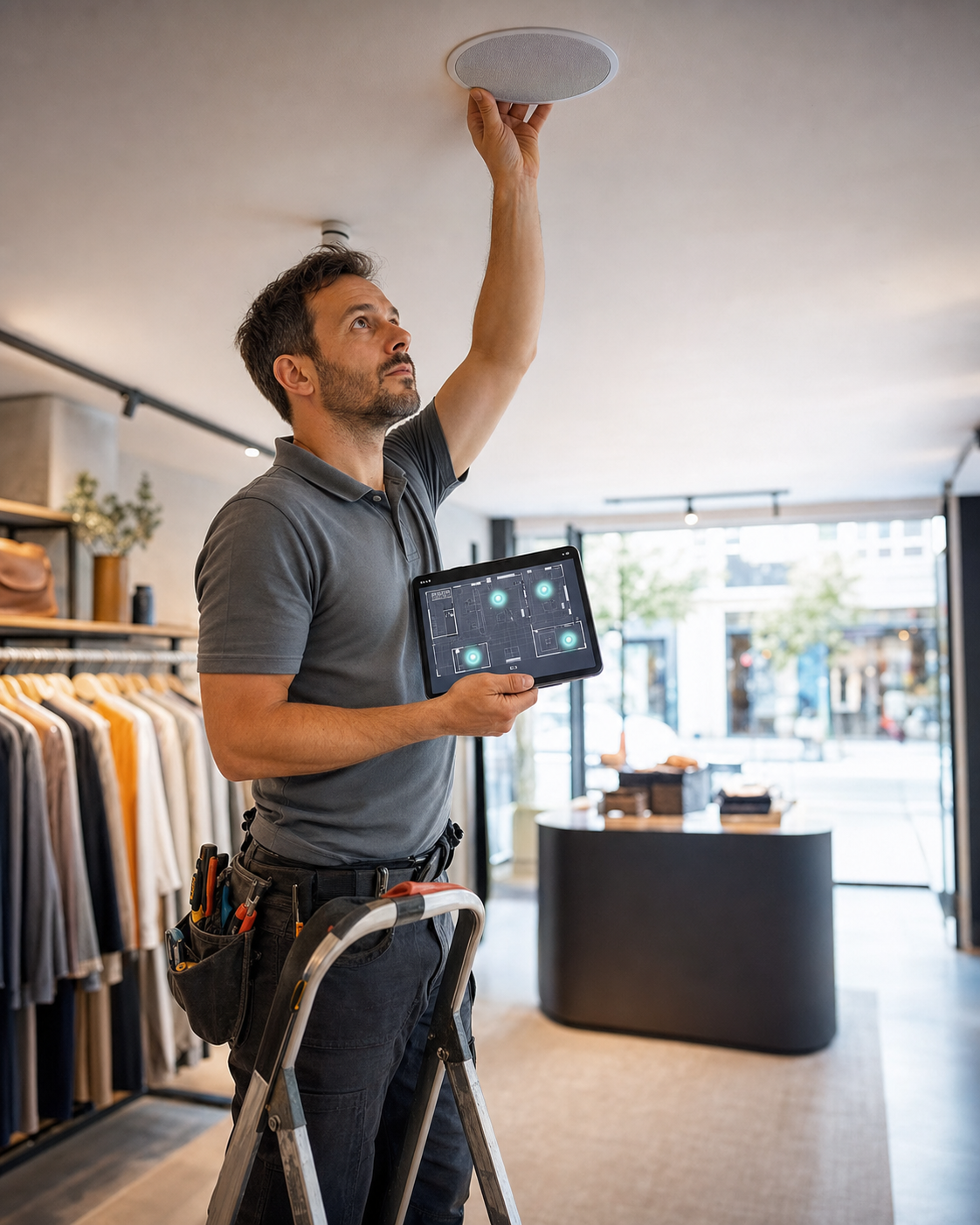 Fabien Charpentier installe un haut-parleur plafond dans une boutique, tablette de plan de zones à la main