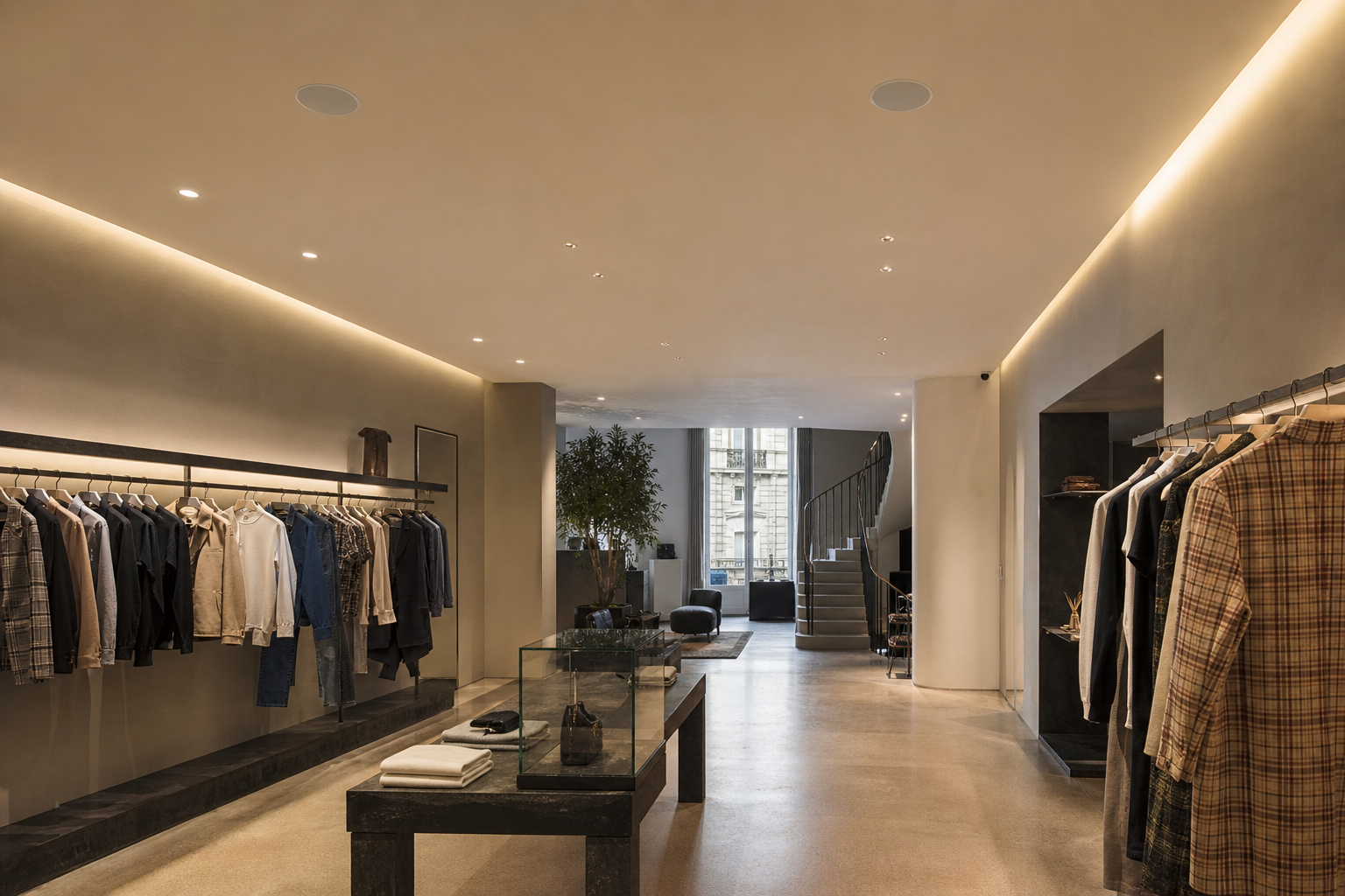 Haut-parleurs discrets encastrés au plafond d'une boutique de vêtements avec musique d'ambiance