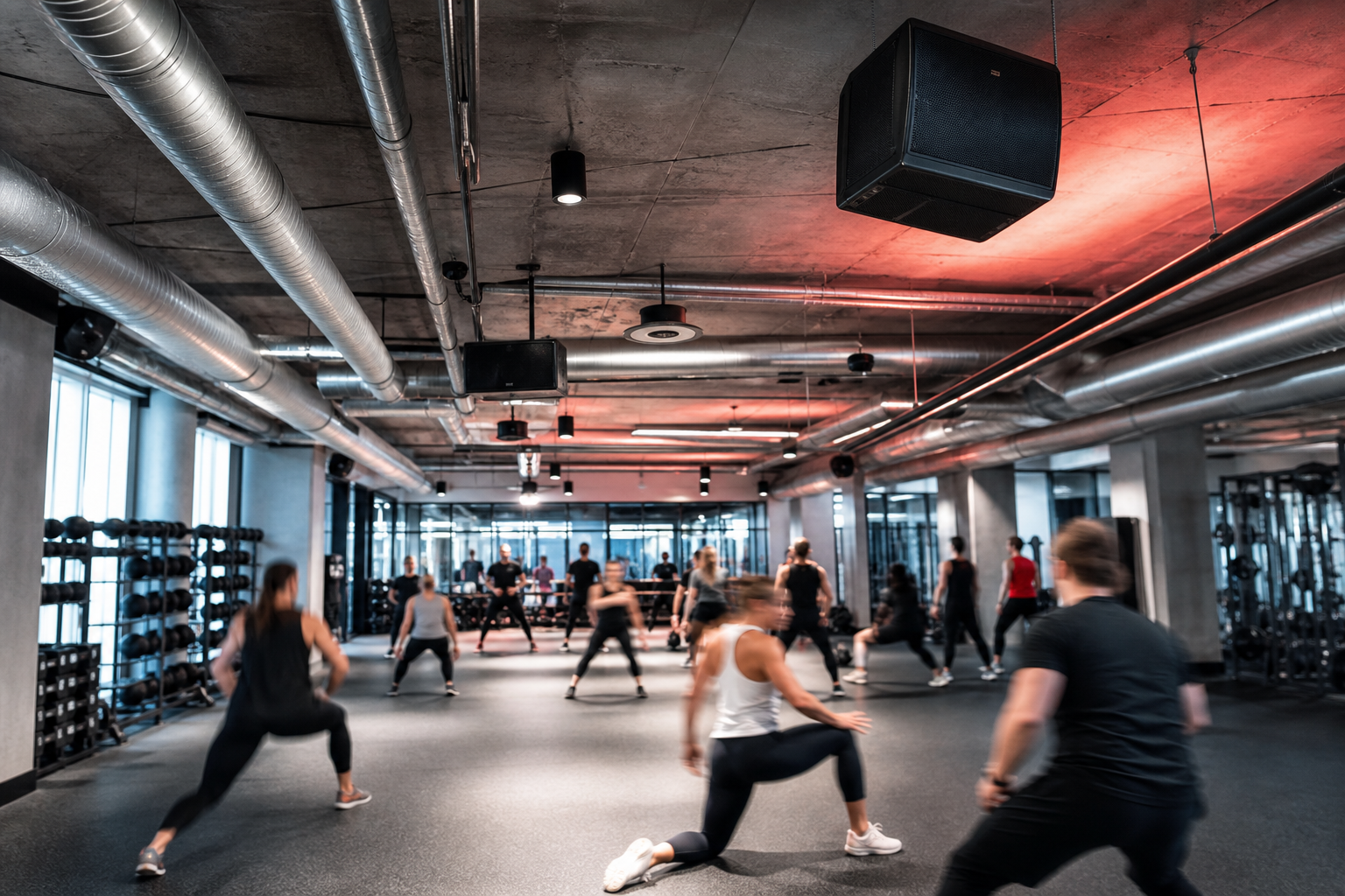 Haut-parleurs haute puissance au plafond d'une salle de sport pour cours collectifs